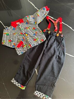 Vintage‎ 90s  Checkerboard Shirt & Black Pants with Red Suspenders